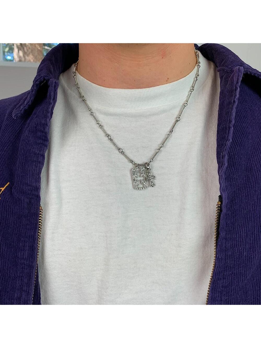 y2k 2000s style grunge silver cross rhinestone dog tag pendant Necklace